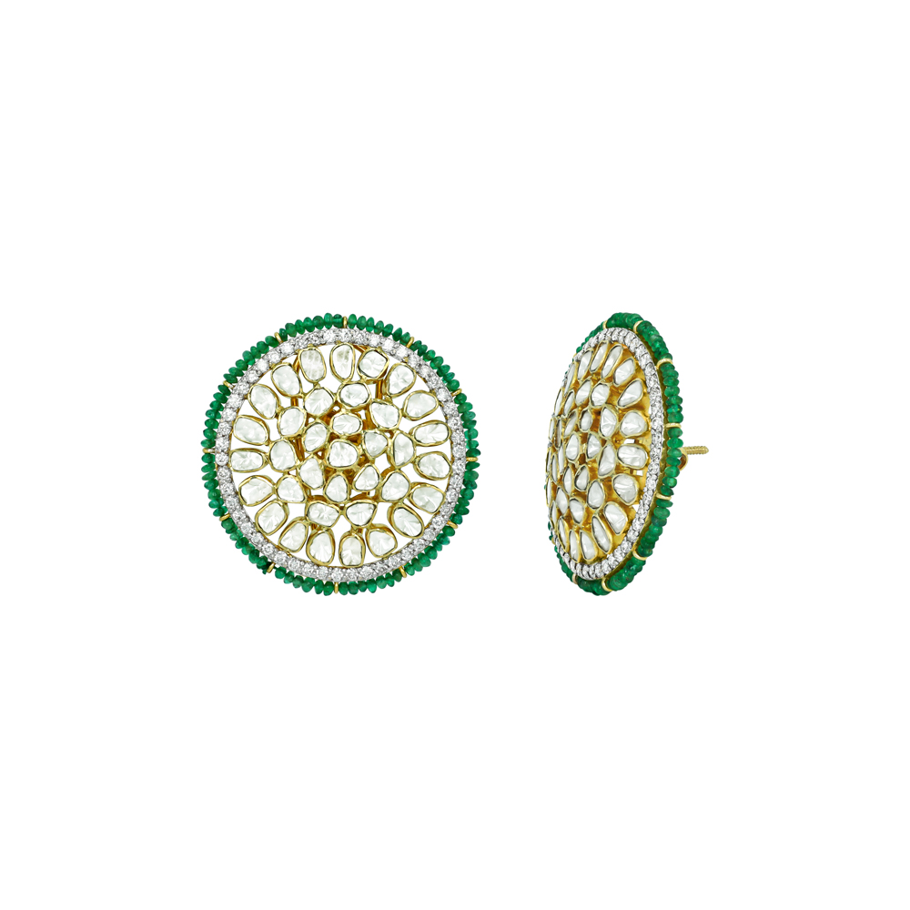 Radial Polki Studs with Diamond Halo and Emerald Bead Edge